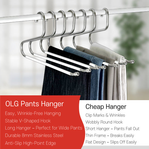 OLG 8mm Stainless Steel Pants Hangers – Ultra-Strong, Non-Slip, V-Hook Design (10-Pack)
