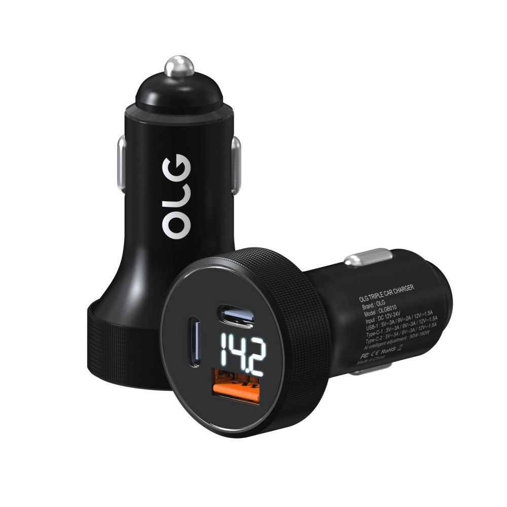 OLG 100W Triple USB Car Charger – LED Display, 12V/24V Universal Fast Charge Adapter